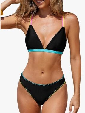 Cupshe Black Bikini with Pink, Yellow & Turquoise Accents